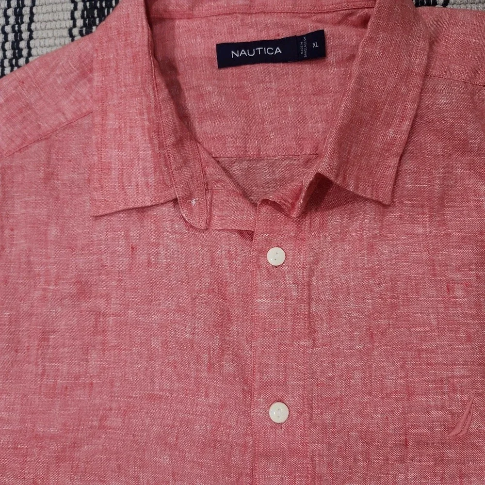 Nautica Mens XL‎ 100% Linen Coral Pink Short Sleeve Button Up Shirt